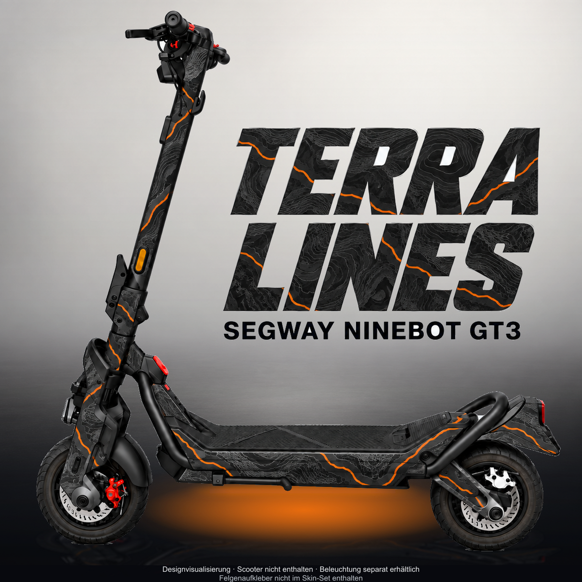 SEGWAY NINEBOT GT3 SKIN | TERRA LINES – Designvisualisierung mit Licht in der Skinfarbe; Scooter nicht enthalten, Beleuchtung separat erhältlich