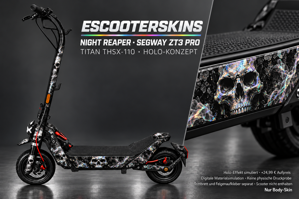 NIGHT REAPER – Holo-Effekt simuliert; +24,99 EUR Aufpreis. Digitale Materialsimulation, keine physische Druckprobe. Nur Body-Skin; Trittbrett und Felgenaufkleber separat; Scooter nicht enthalten.