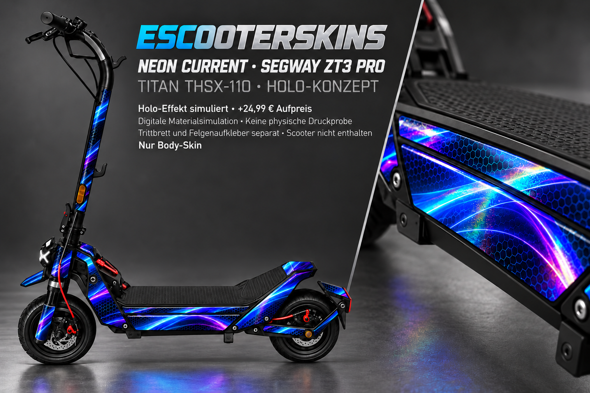 NEON CURRENT – Holo-Effekt simuliert; +24,99 EUR Aufpreis. Digitale Materialsimulation, keine physische Druckprobe. Nur Body-Skin; Trittbrett und Felgenaufkleber separat; Scooter nicht enthalten.