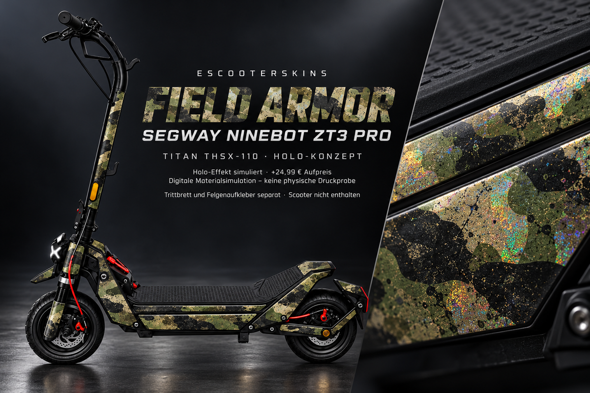 SEGWAY NINEBOT ZT3 PRO / ZT3 PRO D SKIN | FIELD ARMOR – Holo-Effekt simuliert; +24,99 EUR Aufpreis. Digitale Materialsimulation, keine physische Druckprobe. Nur Body-Skin; Trittbrett und Felgenaufkleber separat; Scooter nicht enthalten.
