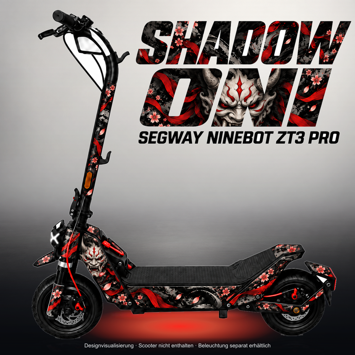 SEGWAY NINEBOT ZT3 PRO / ZT3 PRO D SKIN | SHADOW ONI – Studiofoto mit Licht in der Skinfarbe; Scooter und Beleuchtung separat erhältlich
