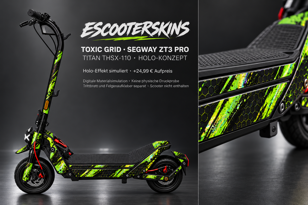 TOXIC GRID · Holo-Effekt simuliert · +24,99 € Aufpreis · Digitale Materialsimulation, keine physische Druckprobe · Trittbrett und Felgenaufkleber separat · Scooter nicht enthalten