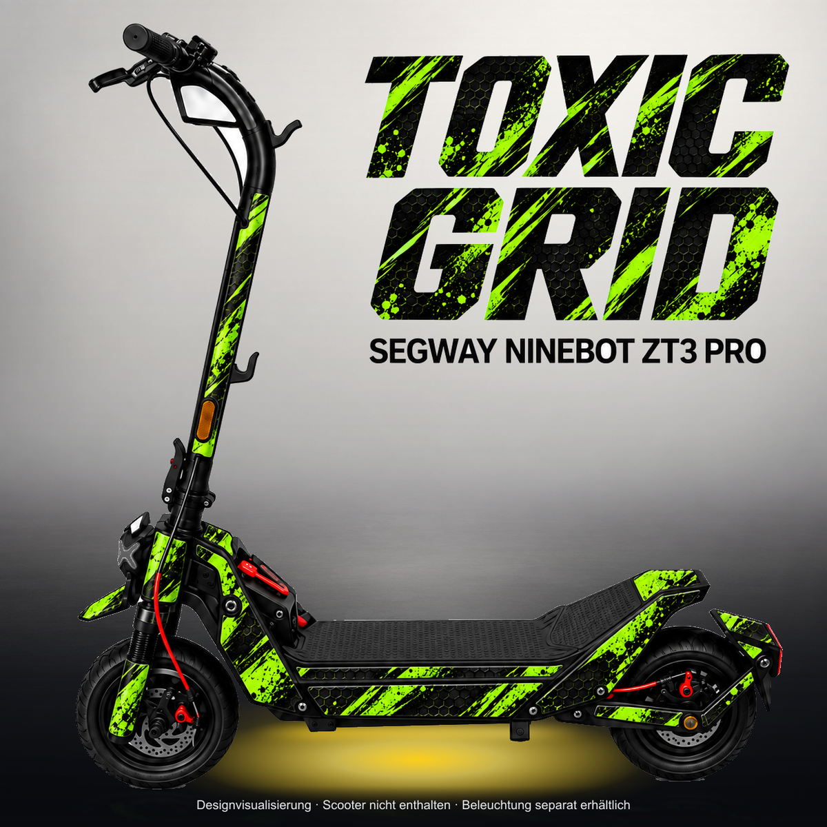 SEGWAY NINEBOT ZT3 PRO / ZT3 PRO D SKIN | TOXIC GRID – Studiofoto mit Licht in der Skinfarbe; Scooter und Beleuchtung separat erhältlich