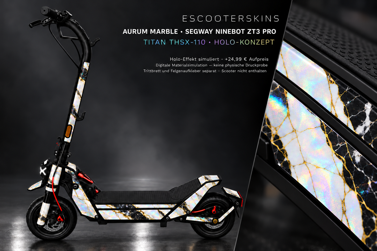 SEGWAY NINEBOT ZT3 PRO / ZT3 PRO D SKIN | AURUM MARBLE – Holo-Effekt simuliert; +24,99 EUR Aufpreis. Digitale Materialsimulation, keine physische Druckprobe. Nur Body-Skin; Trittbrett und Felgenaufkleber separat; Scooter nicht enthalten.