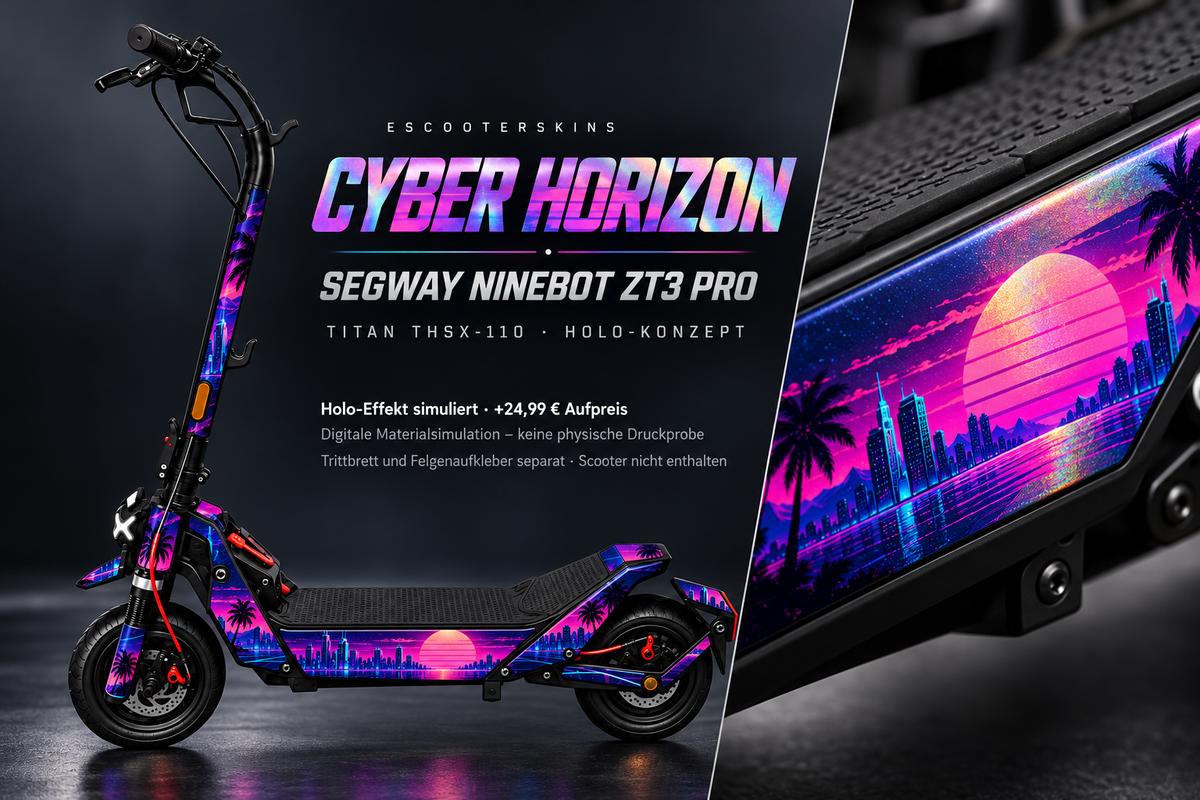SEGWAY NINEBOT ZT3 PRO / ZT3 PRO D SKIN | CYBER HORIZON – Holo-Effekt simuliert; +24,99 EUR Aufpreis. Digitale Materialsimulation, keine physische Druckprobe. Nur Body-Skin; Trittbrett und Felgenaufkleber separat; Scooter nicht enthalten.