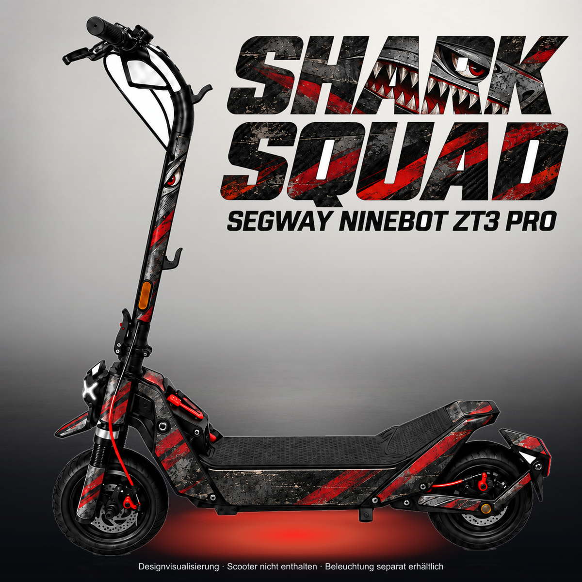 SEGWAY NINEBOT ZT3 PRO / ZT3 PRO D SKIN | SHARK SQUAD – Studiofoto mit Licht in der Skinfarbe; Scooter und Beleuchtung separat erhältlich