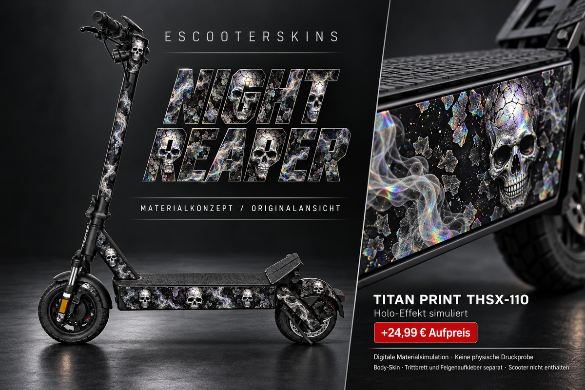 NIGHT REAPER · Holo-Effekt simuliert · +24,99 € Aufpreis · digitale Materialsimulation, keine physische Druckprobe; Trittbrett und Felgenaufkleber separat; Scooter nicht enthalten.