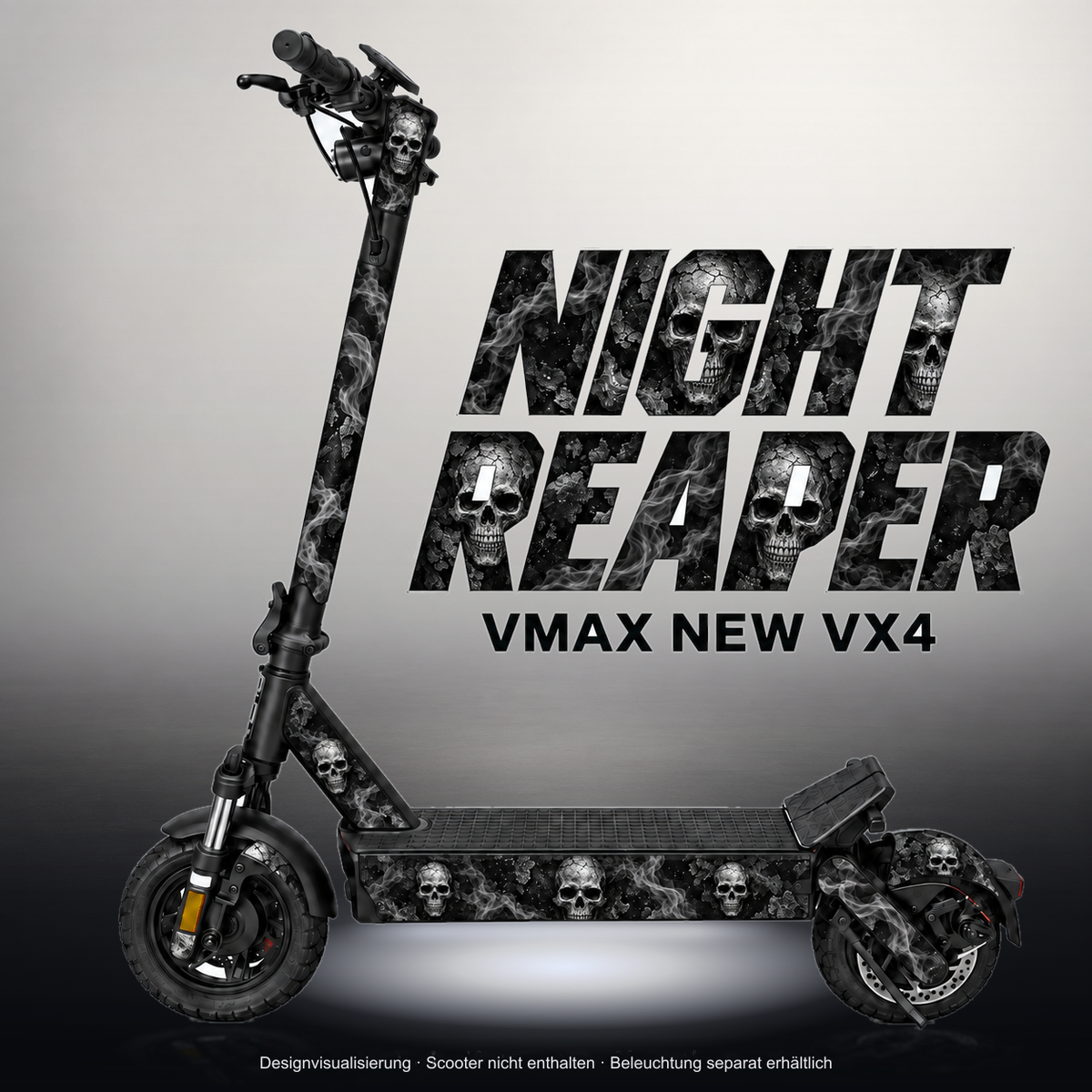 VMAX NEW VX4 SKIN | NIGHT REAPER – Studiofoto mit Licht in der Skinfarbe; Scooter und Beleuchtung separat erhältlich