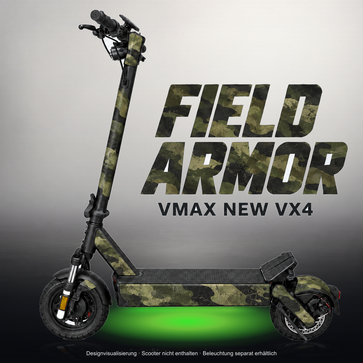 VMAX NEW VX4 SKIN | FIELD ARMOR – Studiofoto mit Licht in der Skinfarbe; Scooter und Beleuchtung separat erhältlich
