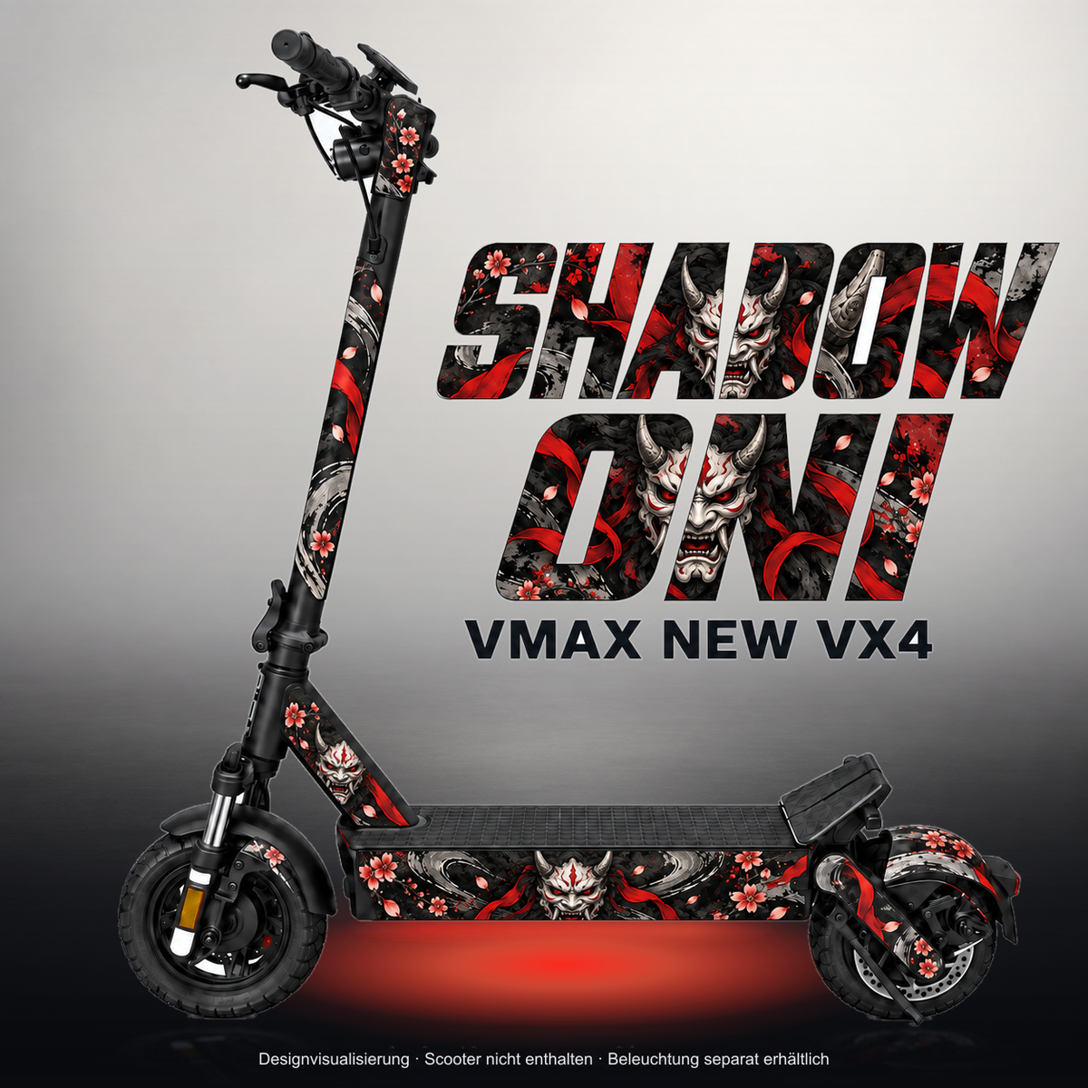 VMAX NEW VX4 SKIN | SHADOW ONI – Studiofoto mit Licht in der Skinfarbe; Scooter und Beleuchtung separat erhältlich