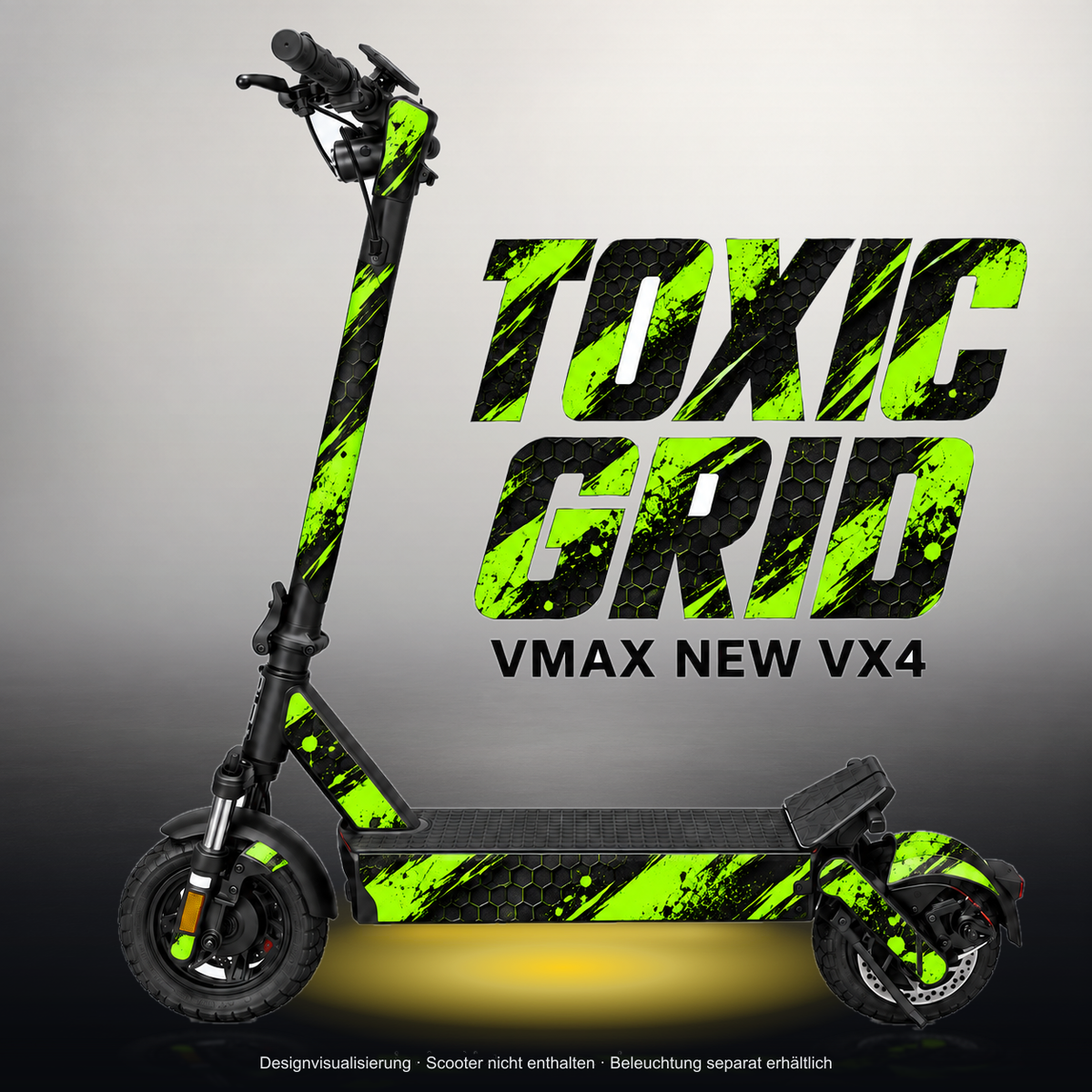 VMAX NEW VX4 SKIN | TOXIC GRID – Studiofoto mit Licht in der Skinfarbe; Scooter und Beleuchtung separat erhältlich