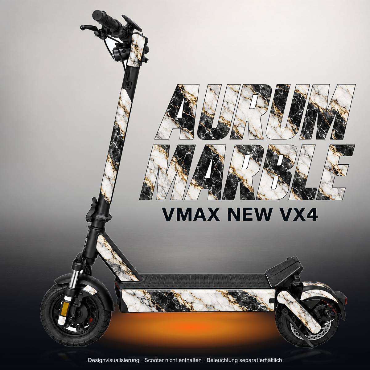 VMAX NEW VX4 SKIN | AURUM MARBLE – Studiofoto mit Licht in der Skinfarbe; Scooter und Beleuchtung separat erhältlich