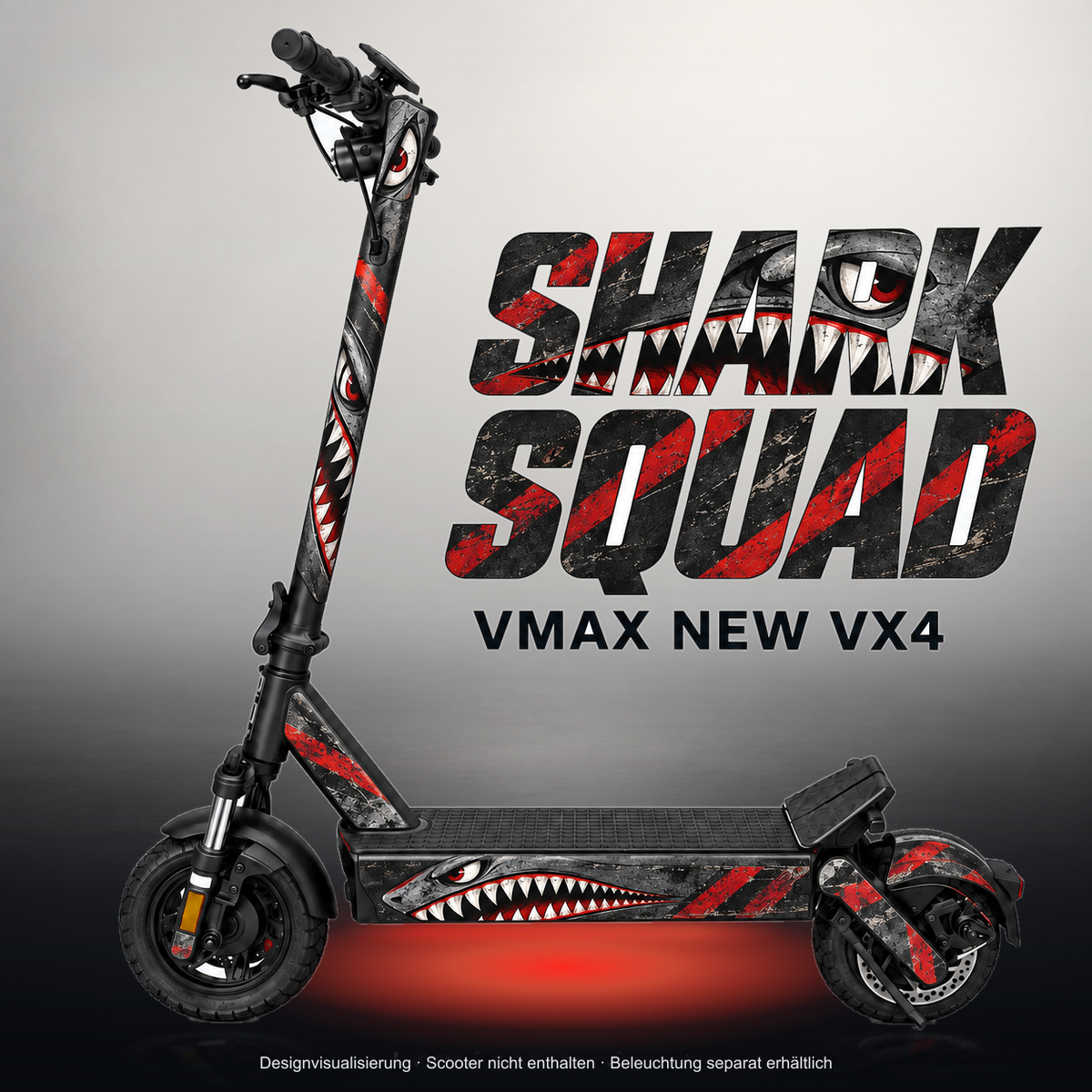 VMAX NEW VX4 SKIN | SHARK SQUAD – Studiofoto mit Licht in der Skinfarbe; Scooter und Beleuchtung separat erhältlich