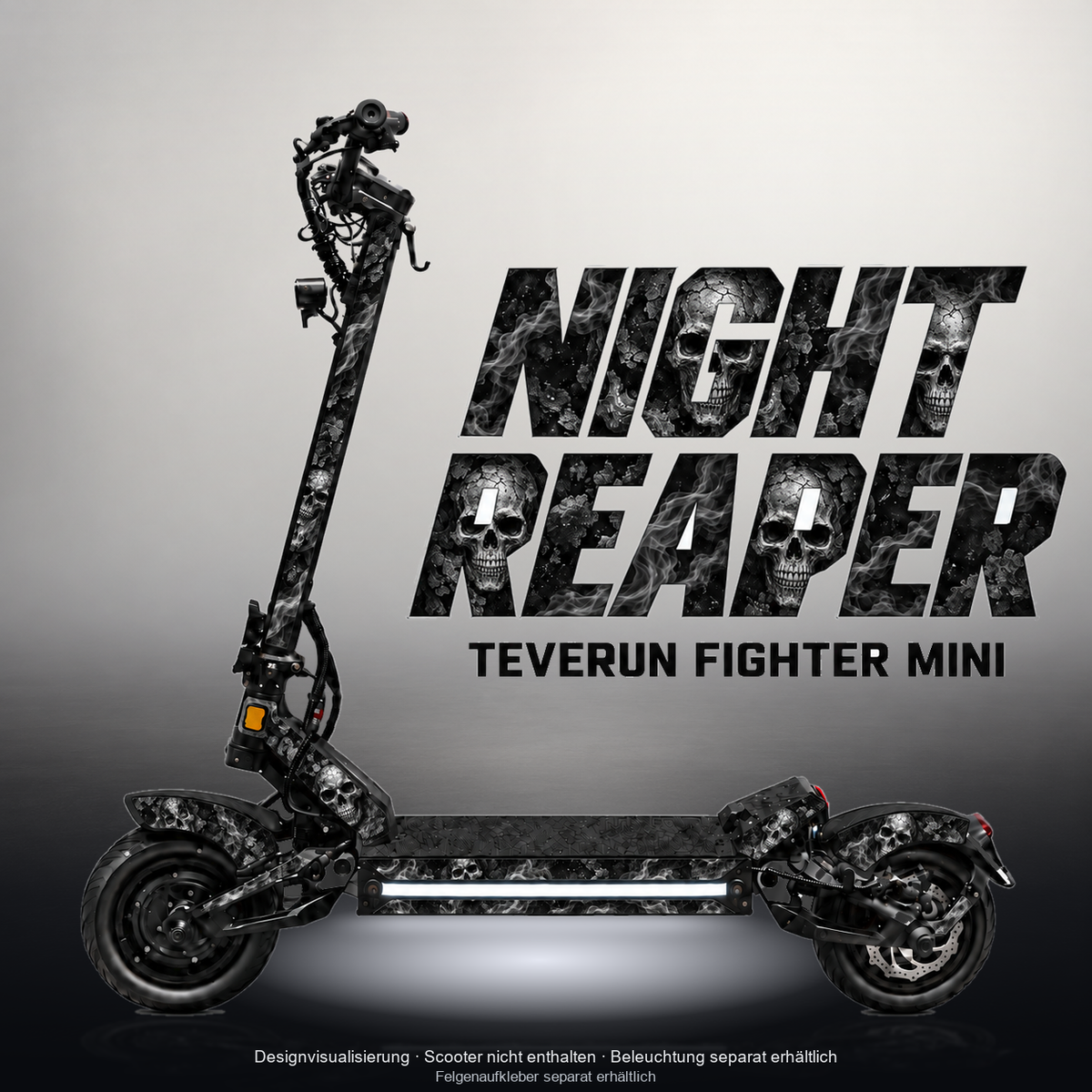 TEVERUN FIGHTER MINI / PRO SKIN | NIGHT REAPER – Studiofoto mit Licht in der Skinfarbe; Scooter und Beleuchtung separat erhältlich