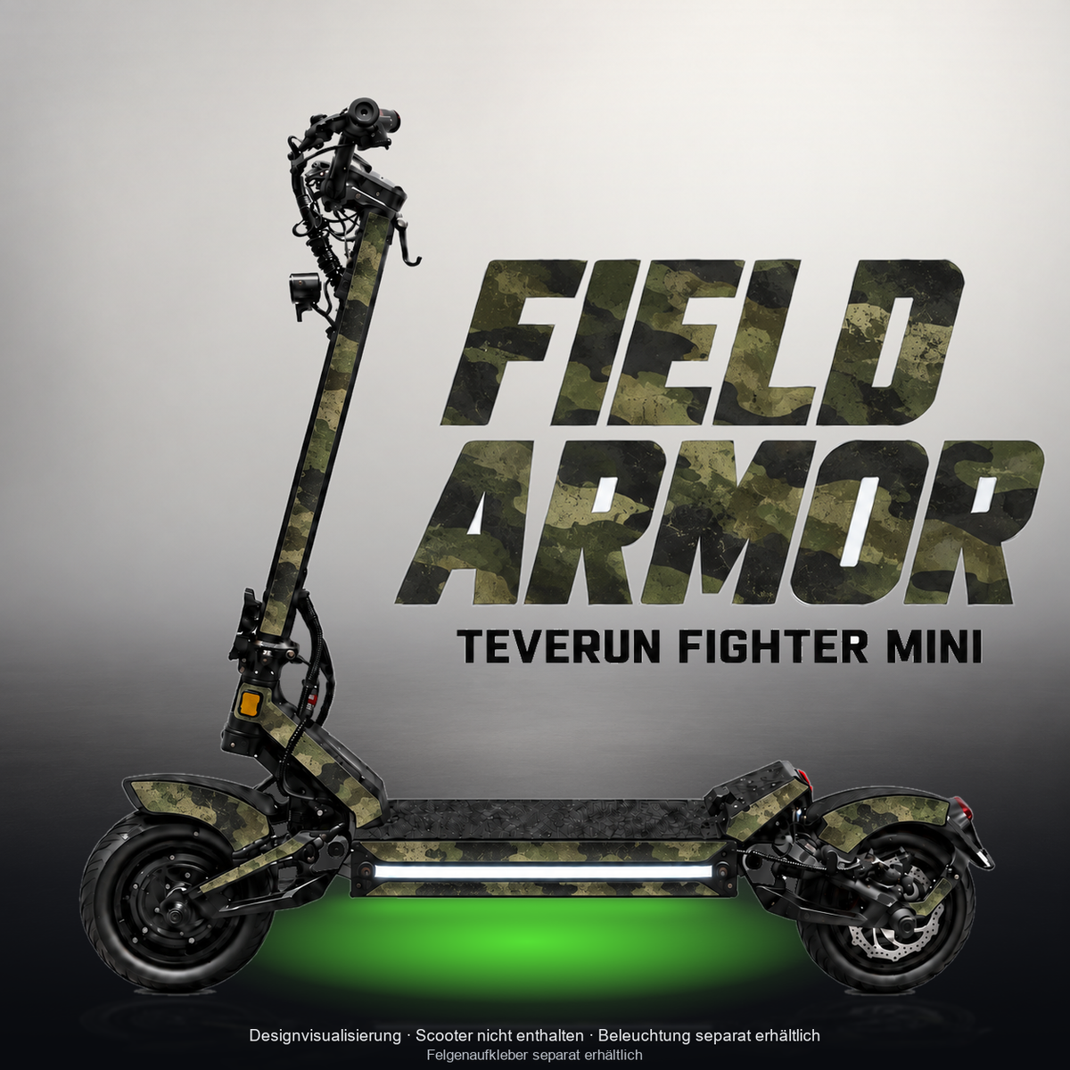 TEVERUN FIGHTER MINI / PRO SKIN | FIELD ARMOR – Designvisualisierung mit Licht in der Skinfarbe; Scooter nicht enthalten, Beleuchtung separat erhältlich