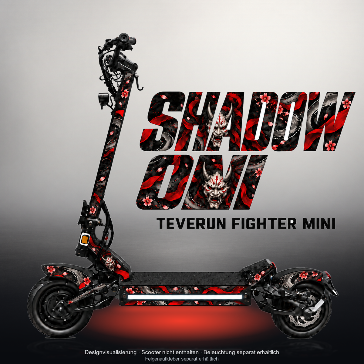 TEVERUN FIGHTER MINI / PRO SKIN | SHADOW ONI – Designvisualisierung mit Licht in der Skinfarbe; Scooter nicht enthalten, Beleuchtung separat erhältlich