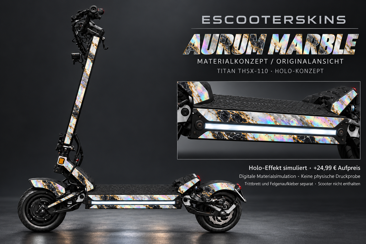 AURUM MARBLE · Holo-Effekt simuliert · +24,99 € Aufpreis · digitale Materialsimulation, keine physische Druckprobe; Trittbrett und Felgenaufkleber separat; Scooter nicht enthalten.