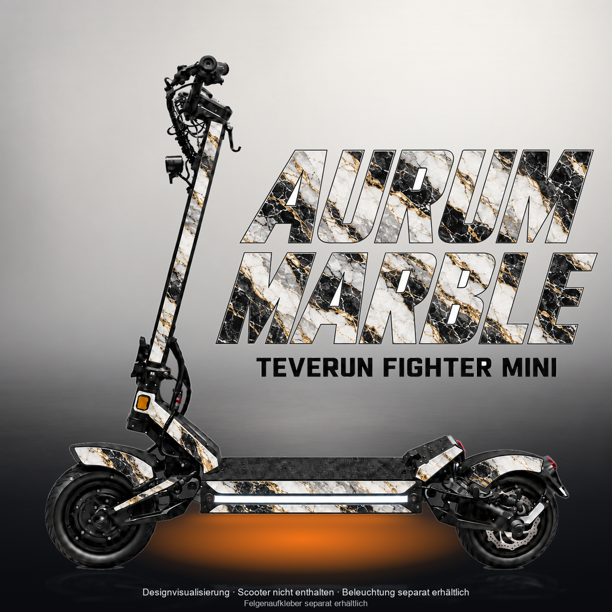 TEVERUN FIGHTER MINI / PRO SKIN | AURUM MARBLE – Designvisualisierung mit Licht in der Skinfarbe; Scooter nicht enthalten, Beleuchtung separat erhältlich