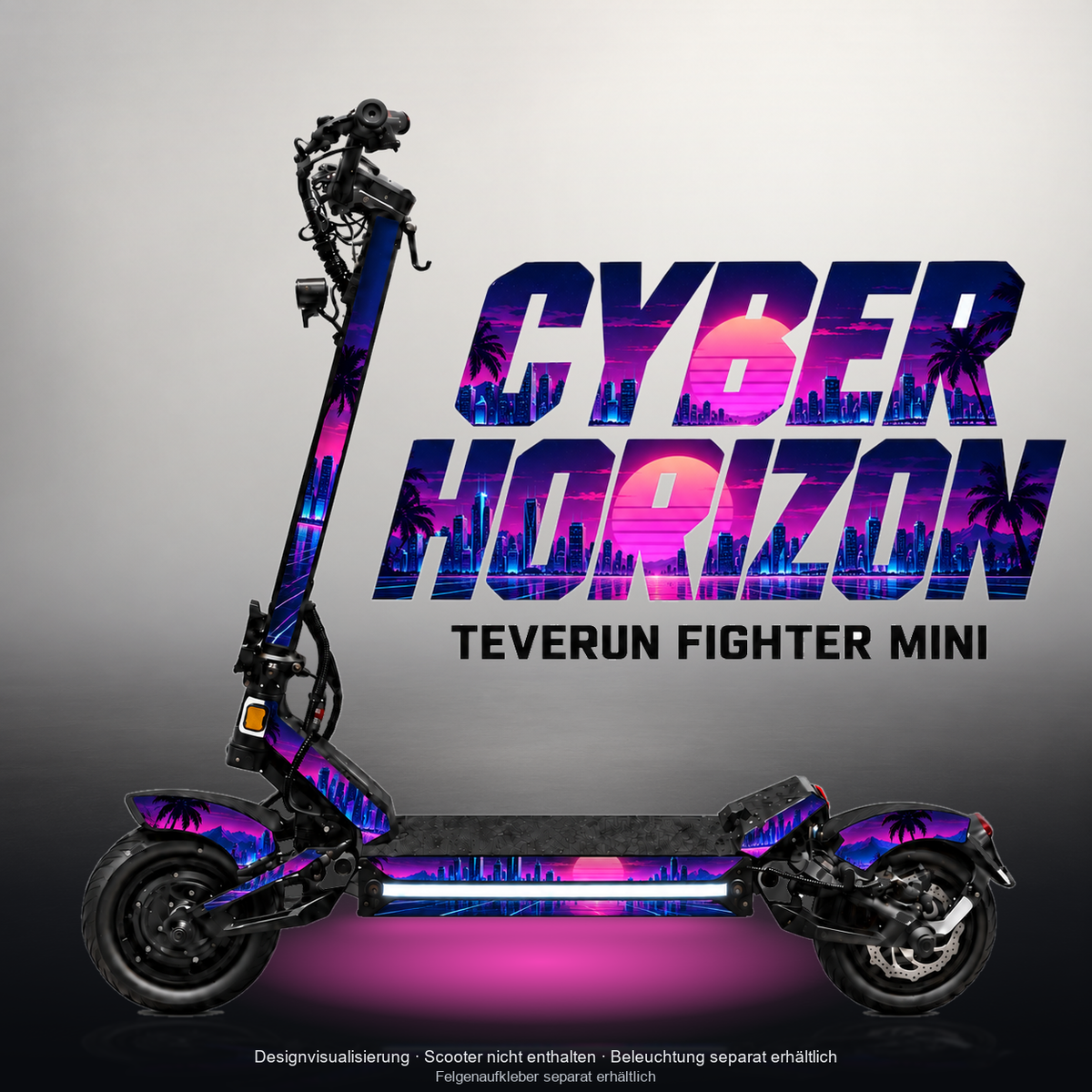 TEVERUN FIGHTER MINI / PRO SKIN | CYBER HORIZON – Designvisualisierung mit Licht in der Skinfarbe; Scooter nicht enthalten, Beleuchtung separat erhältlich