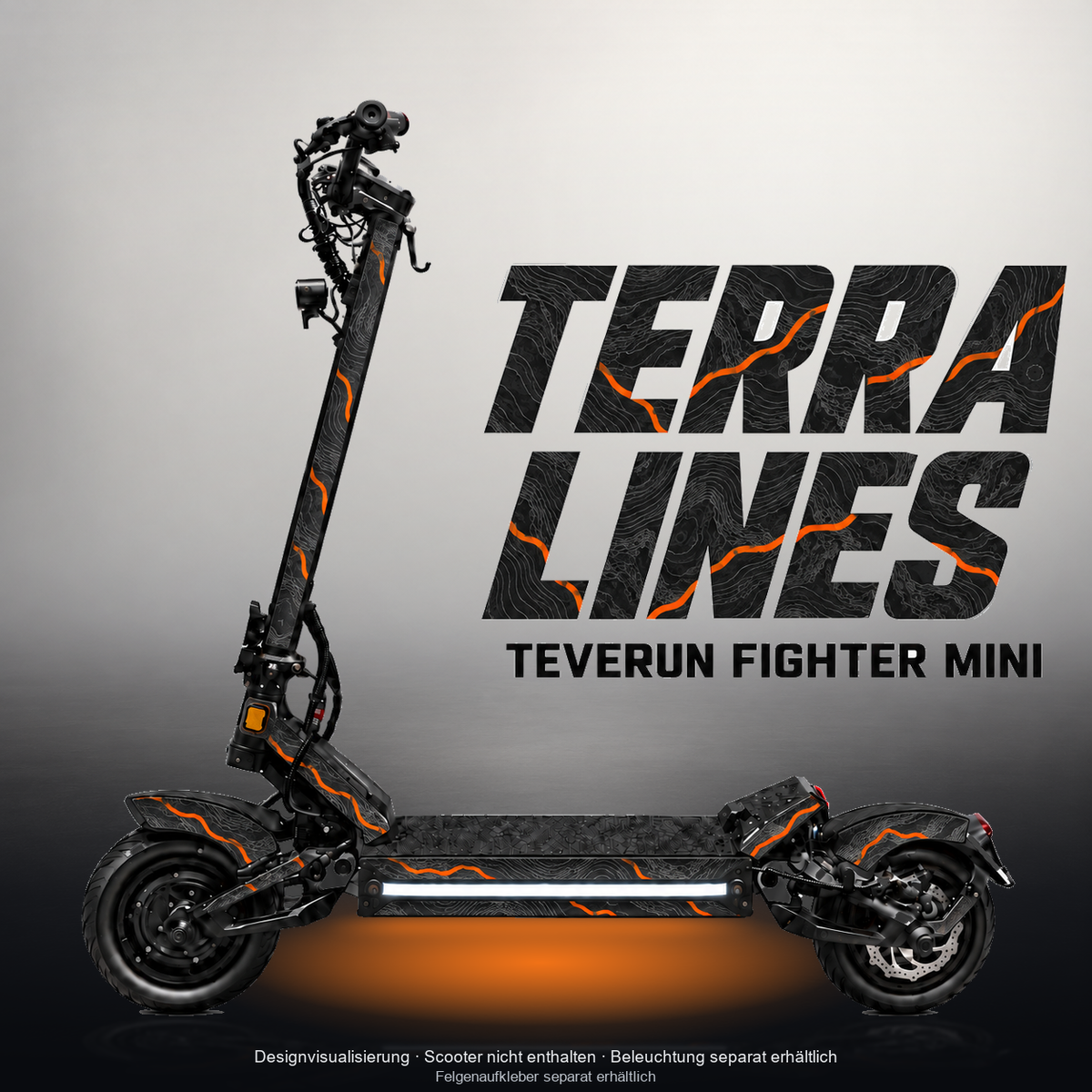 TEVERUN FIGHTER MINI / PRO SKIN | TERRA LINES – Designvisualisierung mit Licht in der Skinfarbe; Scooter nicht enthalten, Beleuchtung separat erhältlich