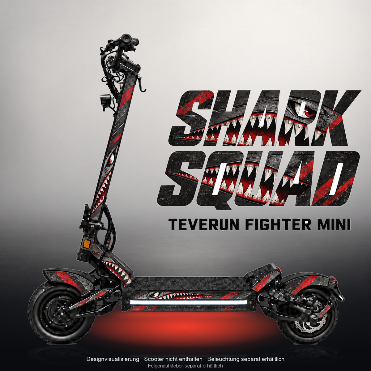 TEVERUN FIGHTER MINI / PRO SKIN | SHARK SQUAD – Designvisualisierung mit Licht in der Skinfarbe; Scooter nicht enthalten, Beleuchtung separat erhältlich