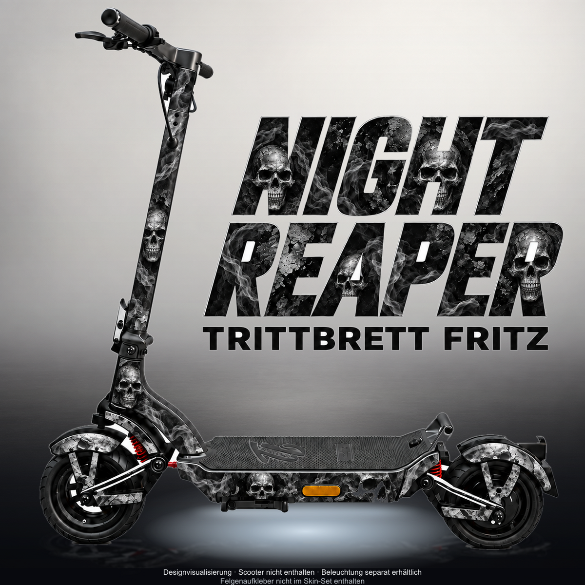 TRITTBRETT FRITZ SKIN | NIGHT REAPER – Designvisualisierung mit Licht in der Skinfarbe; Scooter nicht enthalten, Beleuchtung separat erhältlich