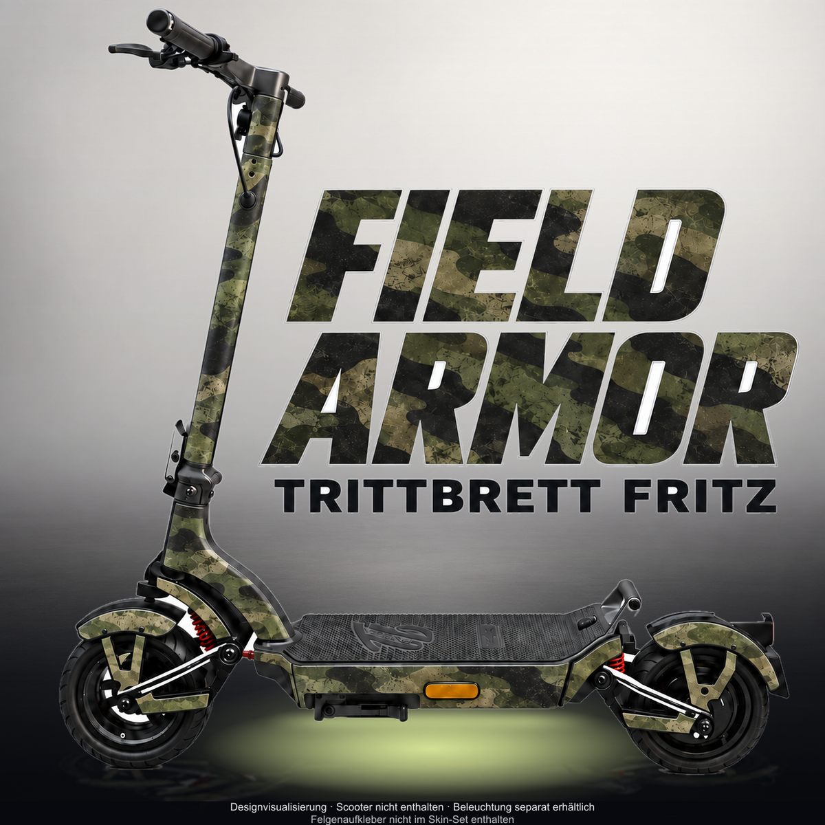 TRITTBRETT FRITZ SKIN | FIELD ARMOR – Designvisualisierung mit Licht in der Skinfarbe; Scooter nicht enthalten, Beleuchtung separat erhältlich