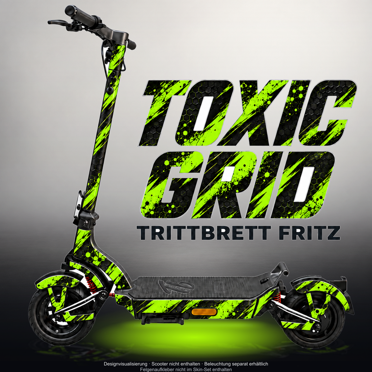 TRITTBRETT FRITZ SKIN | TOXIC GRID – Designvisualisierung mit Licht in der Skinfarbe; Scooter nicht enthalten, Beleuchtung separat erhältlich