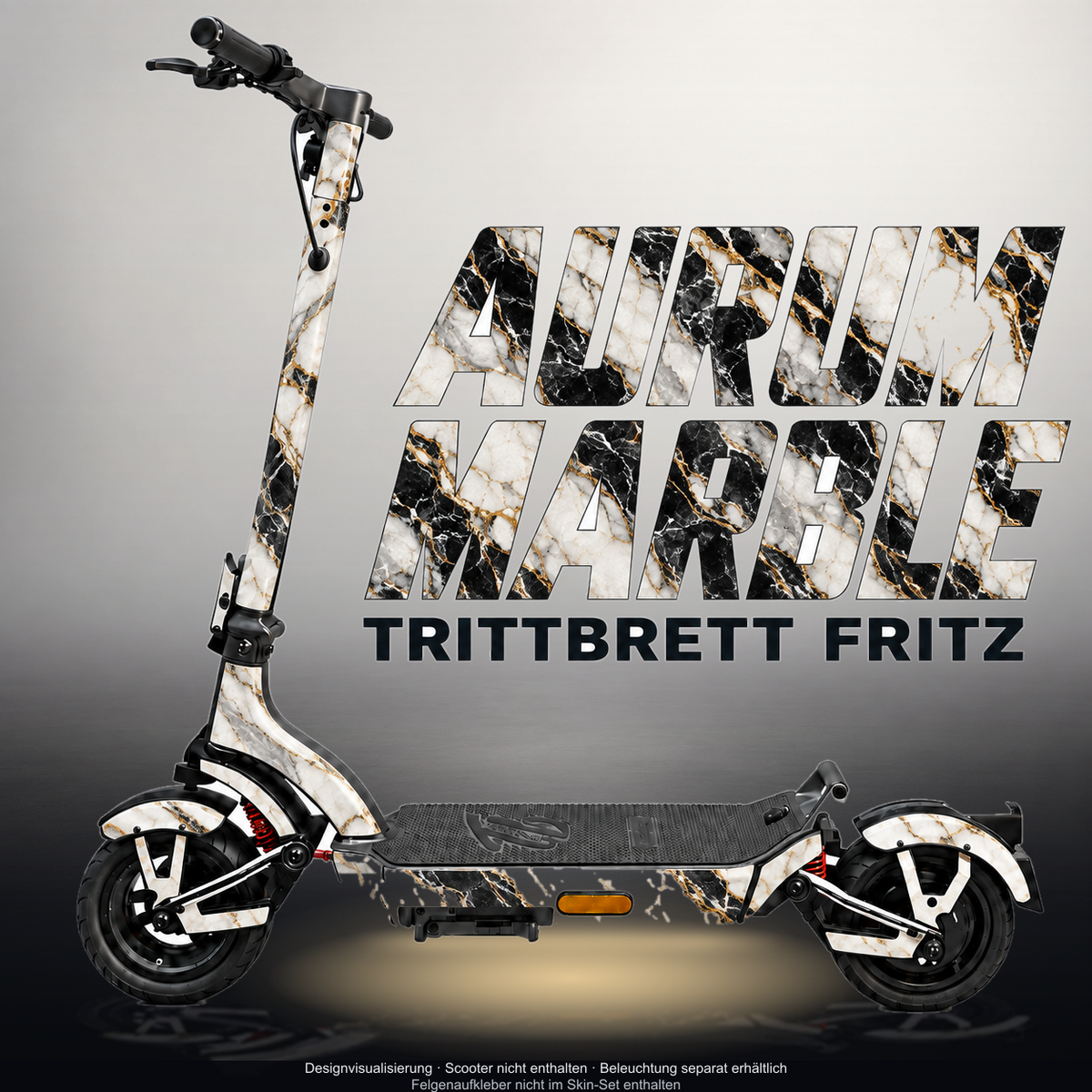 TRITTBRETT FRITZ SKIN | AURUM MARBLE – Designvisualisierung mit Licht in der Skinfarbe; Scooter nicht enthalten, Beleuchtung separat erhältlich