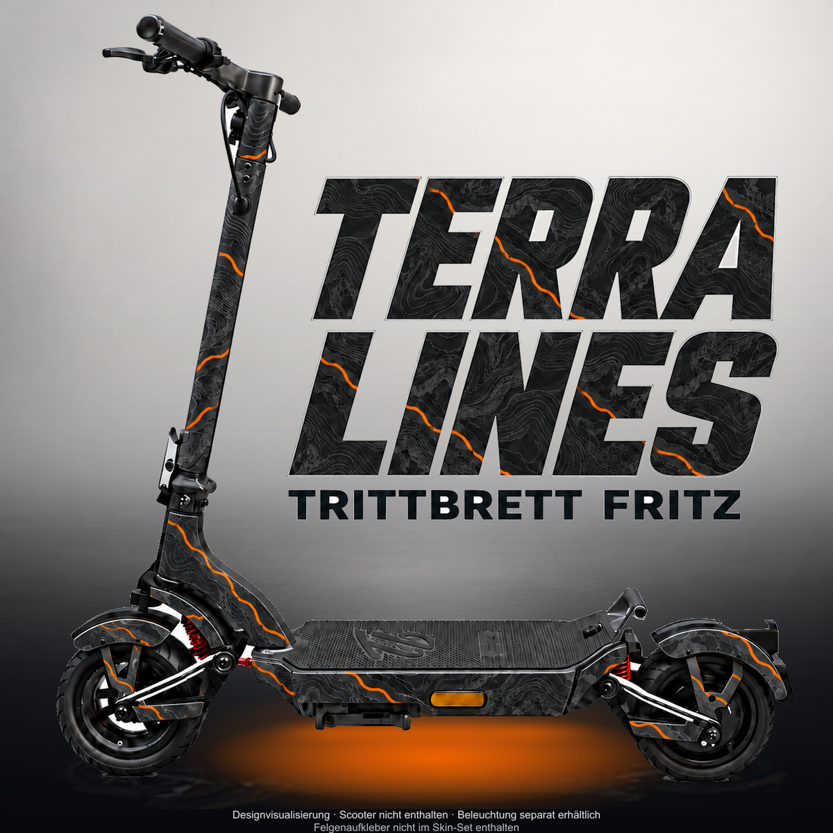 TRITTBRETT FRITZ SKIN | TERRA LINES – Designvisualisierung mit Licht in der Skinfarbe; Scooter nicht enthalten, Beleuchtung separat erhältlich