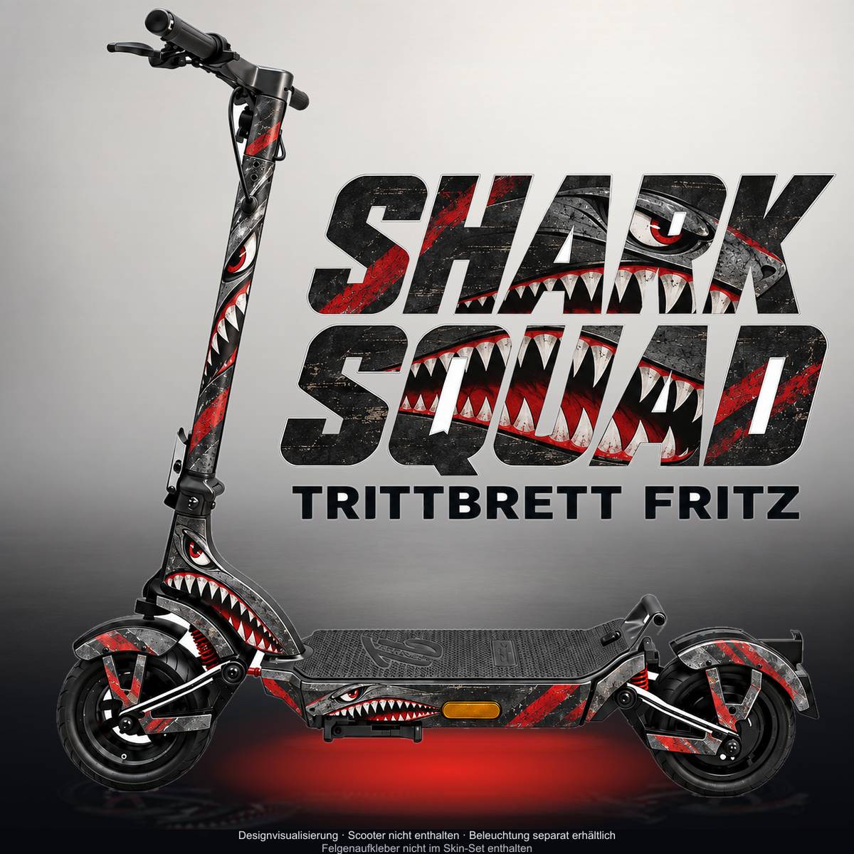 TRITTBRETT FRITZ SKIN | SHARK SQUAD – Designvisualisierung mit Licht in der Skinfarbe; Scooter nicht enthalten, Beleuchtung separat erhältlich