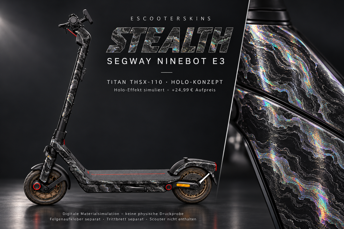 SEGWAY NINEBOT E3 / E3 PRO SKIN | STEALTH – Holo-Effekt simuliert; +24,99 EUR Aufpreis. Digitale Materialsimulation, keine physische Druckprobe. Nur Body-Skin; Trittbrett und Felgenaufkleber separat; Scooter nicht enthalten.