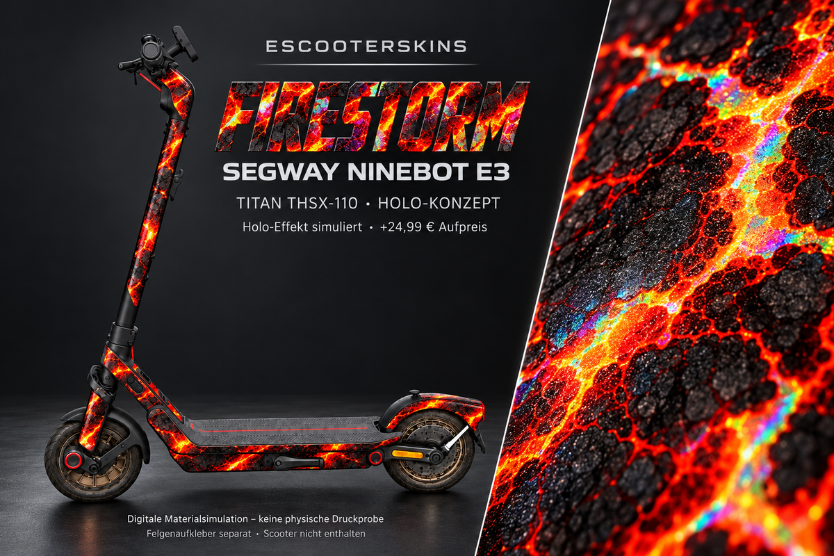 SEGWAY NINEBOT E3 / E3 PRO SKIN | FIRESTORM – Holo-Effekt simuliert; +24,99 EUR Aufpreis. Digitale Materialsimulation, keine physische Druckprobe. Nur Body-Skin; Trittbrett und Felgenaufkleber separat; Scooter nicht enthalten.