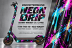 SEGWAY NINEBOT E3 / E3 PRO SKIN | NEON DRIP – Holo-Effekt simuliert; +24,99 EUR Aufpreis. Digitale Materialsimulation, keine physische Druckprobe. Nur Body-Skin; Trittbrett und Felgenaufkleber separat; Scooter nicht enthalten.