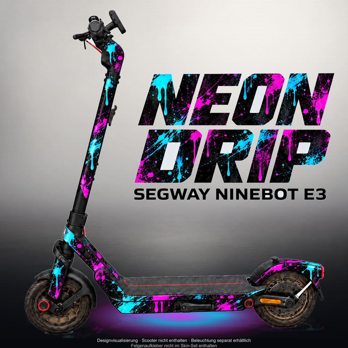 SEGWAY NINEBOT E3 / E3 PRO SKIN | NEON DRIP – Designvisualisierung mit Licht in der Skinfarbe; Scooter nicht enthalten, Beleuchtung separat erhältlich