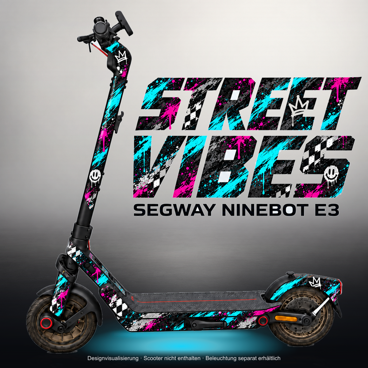 SEGWAY NINEBOT E3 / E3 PRO SKIN | STREET VIBES – Studiofoto mit Licht in der Skinfarbe; Scooter und Beleuchtung separat erhältlich