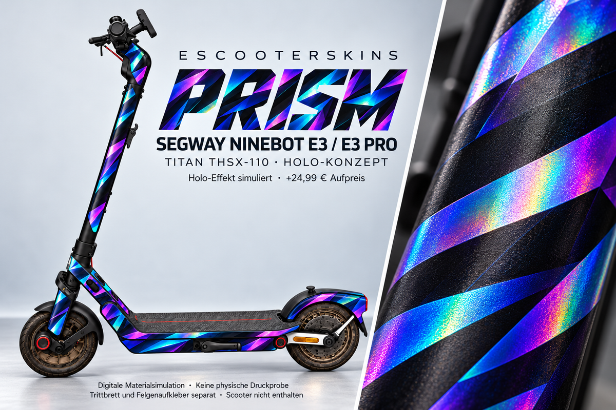 SEGWAY NINEBOT E3 / E3 PRO SKIN | PRISM – Holo-Effekt simuliert; +24,99 EUR Aufpreis. Digitale Materialsimulation, keine physische Druckprobe. Nur Body-Skin; Trittbrett und Felgenaufkleber separat; Scooter nicht enthalten.
