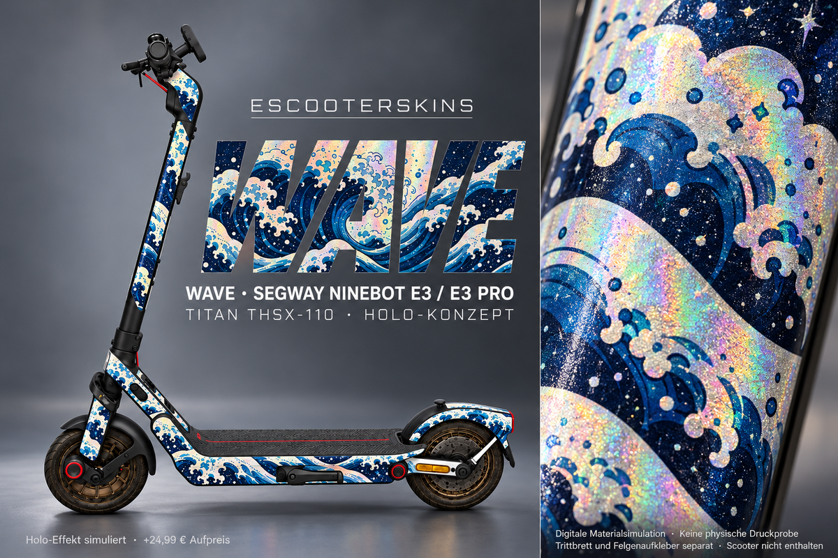 SEGWAY NINEBOT E3 / E3 PRO SKIN | WAVE – Holo-Effekt simuliert; +24,99 EUR Aufpreis. Digitale Materialsimulation, keine physische Druckprobe. Nur Body-Skin; Trittbrett und Felgenaufkleber separat; Scooter nicht enthalten.