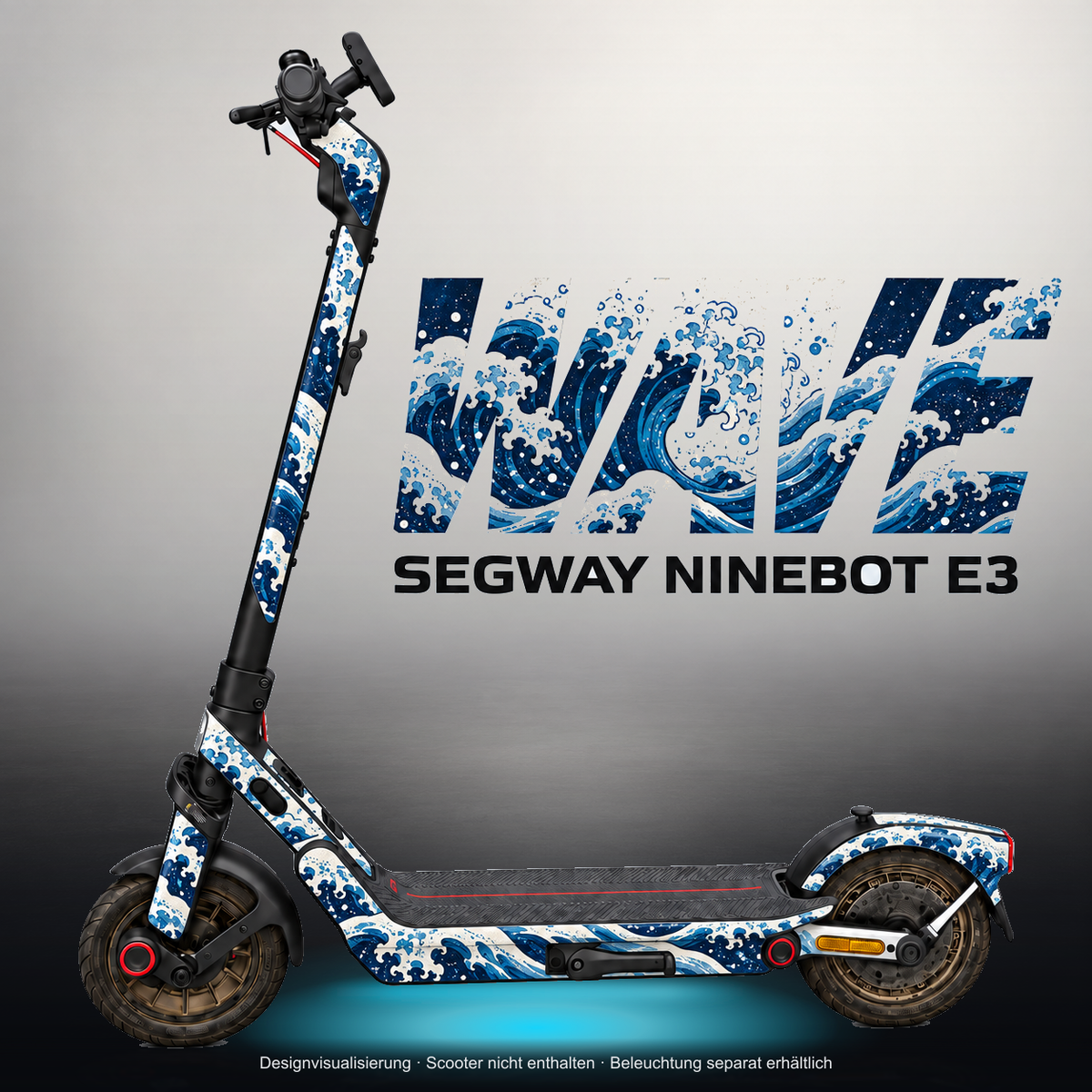 SEGWAY NINEBOT E3 / E3 PRO SKIN | WAVE – Studiofoto mit Licht in der Skinfarbe; Scooter und Beleuchtung separat erhältlich