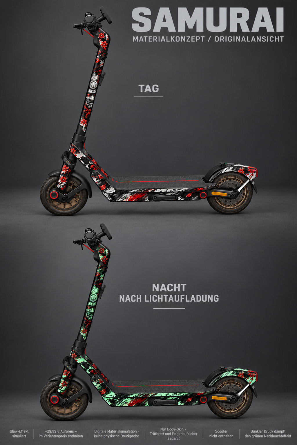 SEGWAY NINEBOT E3 / E3 PRO SKIN | SAMURAI · Glow in the Dark · Nachteffekt simuliert · +29,99 € Aufpreis im Preis der gewählten Glow-Variante enthalten · digitale Materialsimulation, keine physische Druckprobe · Nur Body-Skin; Trittbrett und Felgenaufkleber separat; Scooter nicht enthalten.