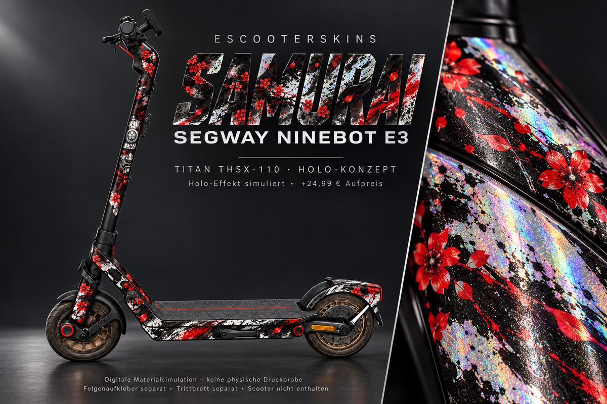 SEGWAY NINEBOT E3 / E3 PRO SKIN | SAMURAI – Holo-Effekt simuliert; +24,99 EUR Aufpreis. Digitale Materialsimulation, keine physische Druckprobe. Nur Body-Skin; Trittbrett und Felgenaufkleber separat; Scooter nicht enthalten.