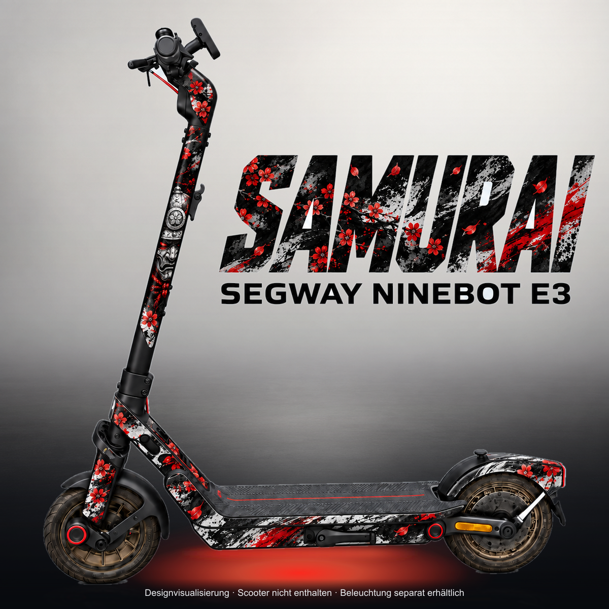 SEGWAY NINEBOT E3 / E3 PRO SKIN | SAMURAI – Studiofoto mit Licht in der Skinfarbe; Scooter und Beleuchtung separat erhältlich