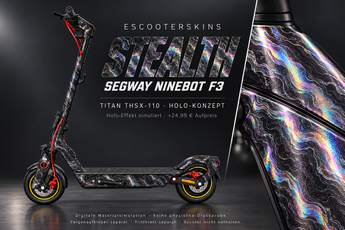 SEGWAY NINEBOT F3 / F3 PRO SKIN | STEALTH – Holo-Effekt simuliert; +24,99 EUR Aufpreis. Digitale Materialsimulation, keine physische Druckprobe. Nur Body-Skin; Trittbrett und Felgenaufkleber separat; Scooter nicht enthalten.
