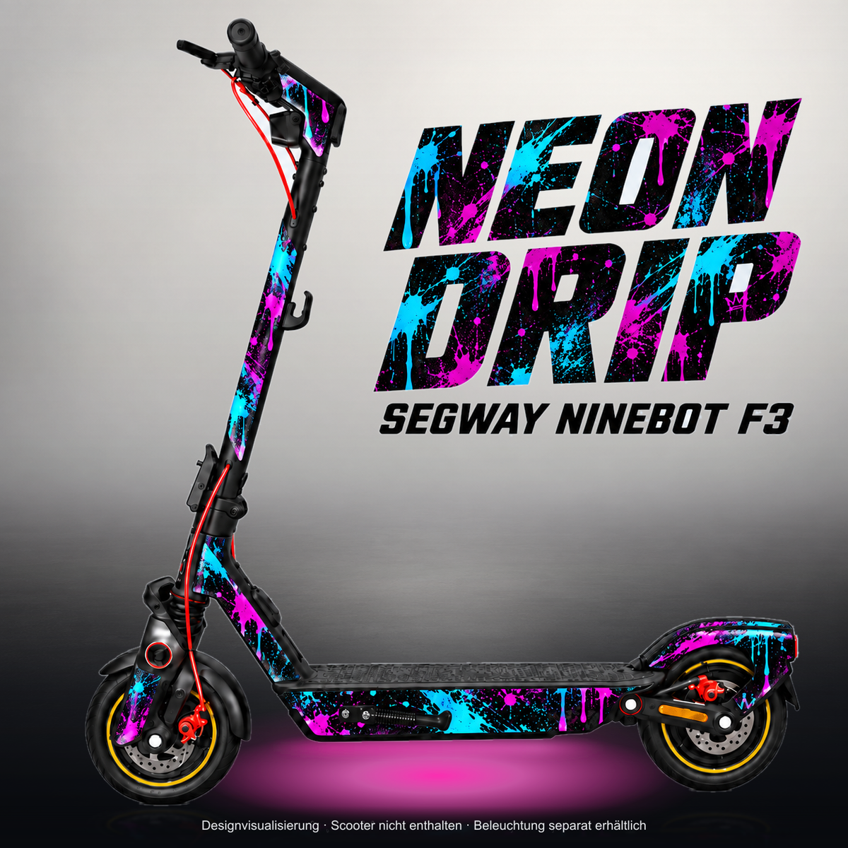 SEGWAY NINEBOT F3 / F3 PRO SKIN | NEON DRIP – Studiofoto mit Licht in der Skinfarbe; Scooter und Beleuchtung separat erhältlich