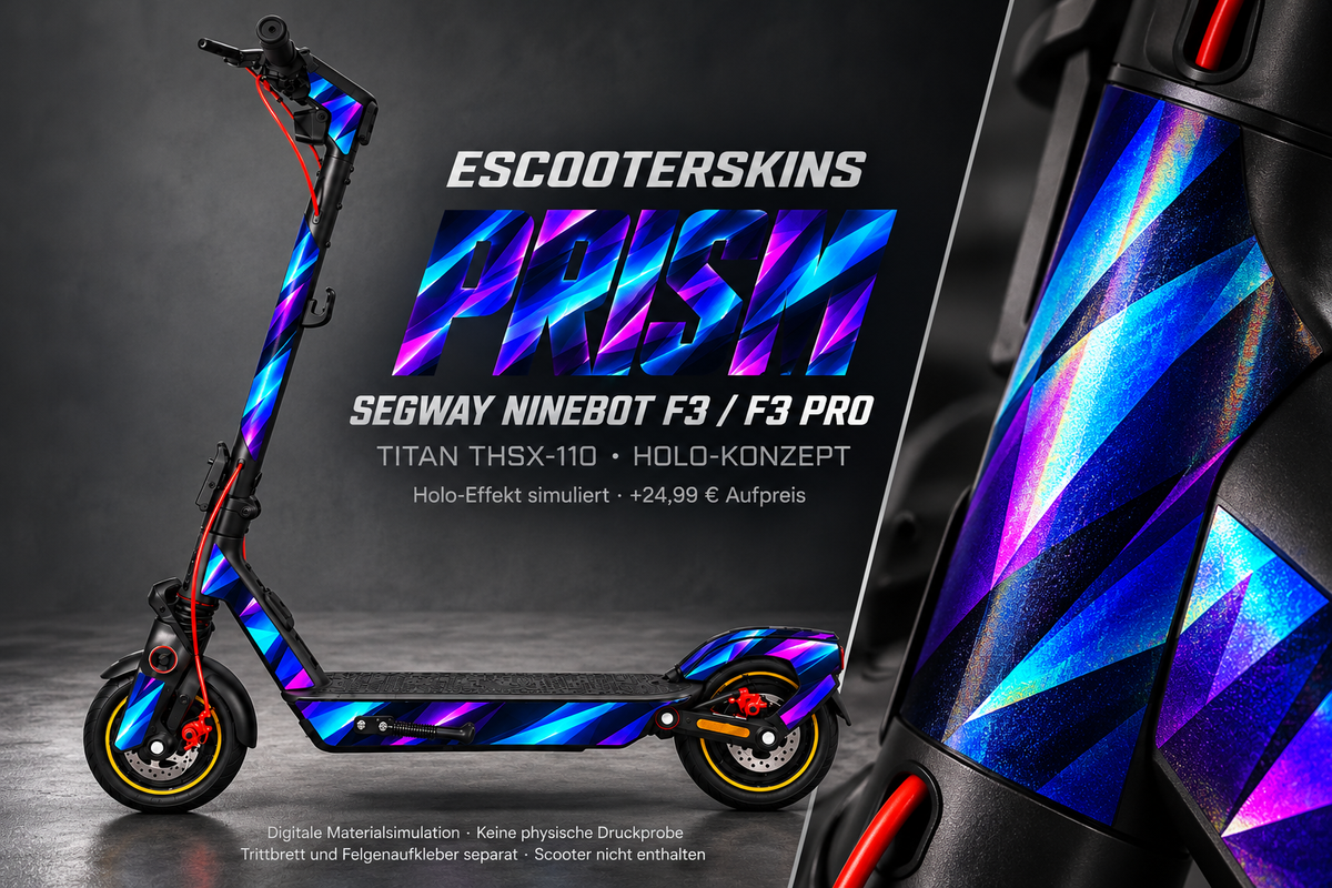 SEGWAY NINEBOT F3 / F3 PRO SKIN | PRISM – Holo-Effekt simuliert; +24,99 EUR Aufpreis. Digitale Materialsimulation, keine physische Druckprobe. Nur Body-Skin; Trittbrett und Felgenaufkleber separat; Scooter nicht enthalten.