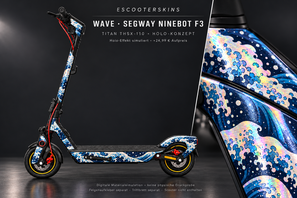 SEGWAY NINEBOT F3 / F3 PRO SKIN | WAVE – Holo-Effekt simuliert; +24,99 EUR Aufpreis. Digitale Materialsimulation, keine physische Druckprobe. Nur Body-Skin; Trittbrett und Felgenaufkleber separat; Scooter nicht enthalten.