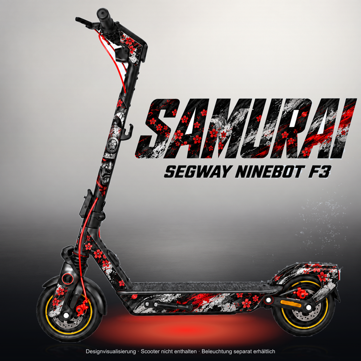 SEGWAY NINEBOT F3 / F3 PRO SKIN | SAMURAI – Studiofoto mit Licht in der Skinfarbe; Scooter und Beleuchtung separat erhältlich