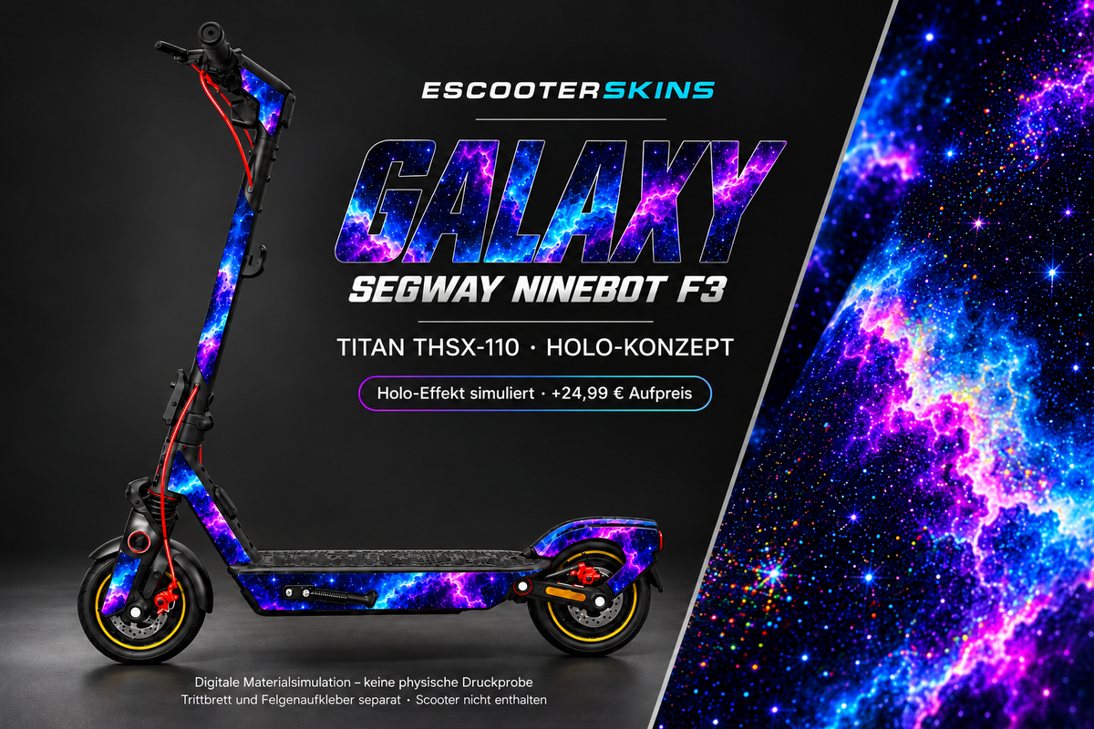 SEGWAY NINEBOT F3 / F3 PRO SKIN | GALAXY – Holo-Effekt simuliert; +24,99 EUR Aufpreis. Digitale Materialsimulation, keine physische Druckprobe. Nur Body-Skin; Trittbrett und Felgenaufkleber separat; Scooter nicht enthalten.