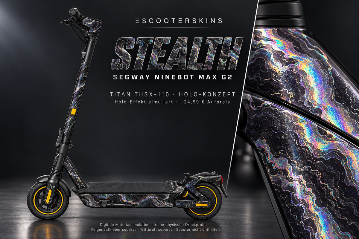 SEGWAY NINEBOT G2 MAX SKIN | STEALTH – Holo-Effekt simuliert; +24,99 EUR Aufpreis. Digitale Materialsimulation, keine physische Druckprobe. Nur Body-Skin; Trittbrett und Felgenaufkleber separat; Scooter nicht enthalten.