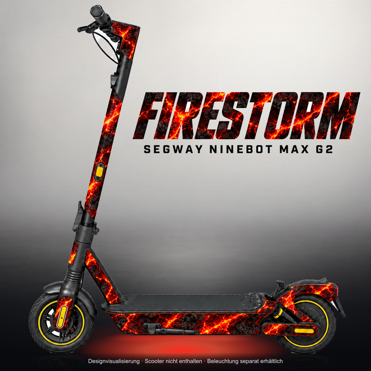 SEGWAY NINEBOT G2 MAX SKIN | FIRESTORM – Studiofoto mit Licht in der Skinfarbe; Scooter und Beleuchtung separat erhältlich